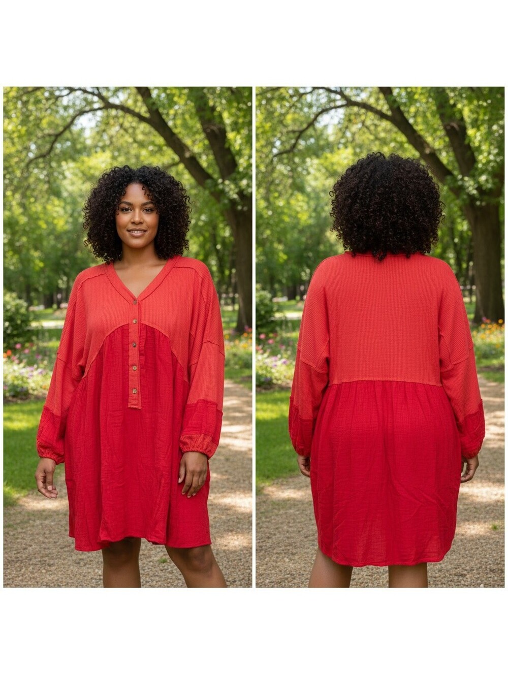 1762 - Double Take Red Two-Tone Button Front Dress with Balloon Sleeves- 2XL